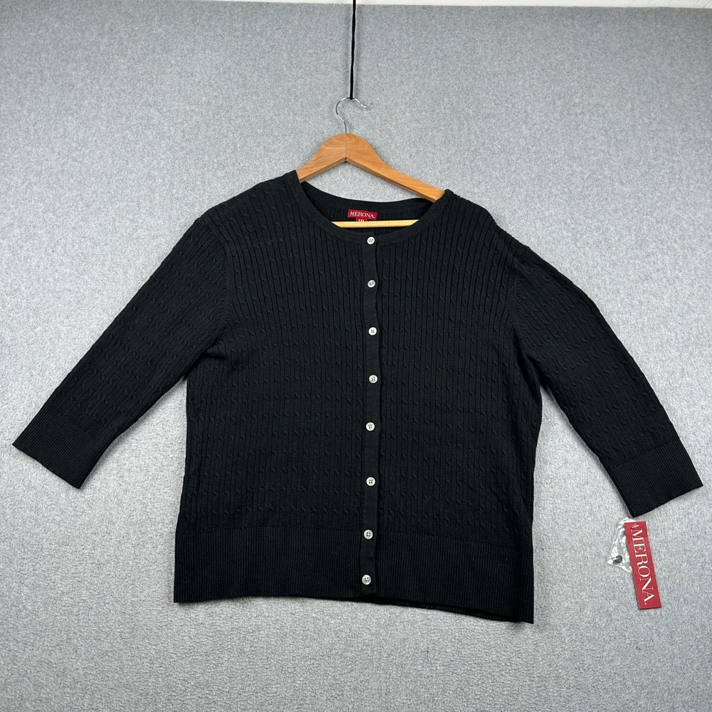 Merona Cardigan Womens XXL Black Cable Knit 3/4 Sleeve Stretch Cotton NEW